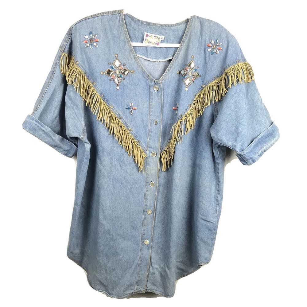Vtg Monique Fashions womens Blouse size 1X Embellished Fringe Denim Tunic FRINGE